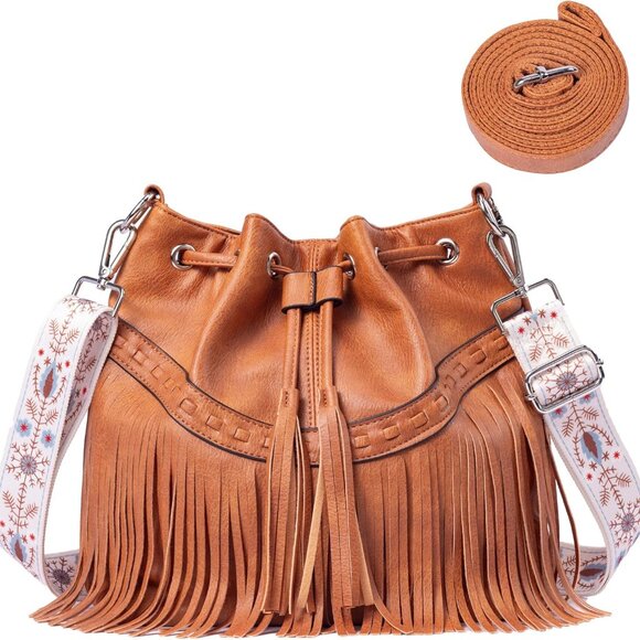 Handbags - Women Bucket Fringe Hobo Bag Western Purse Vegan Leather Tassel Hippie Shoulder